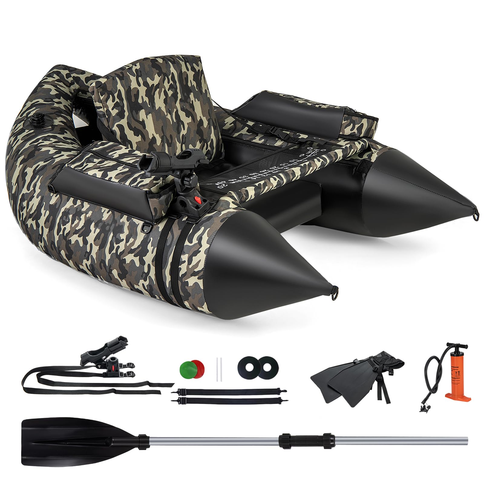 COSTWAY Belly Boat da Pesca Portatile, Gommone Gonfiabile da Pesca con Portacanne Regolabile, Pompa, Pagaia, Spallacci e Kit Riparazione, Barca da Mare con 2 Pinne, capacità 150 kg