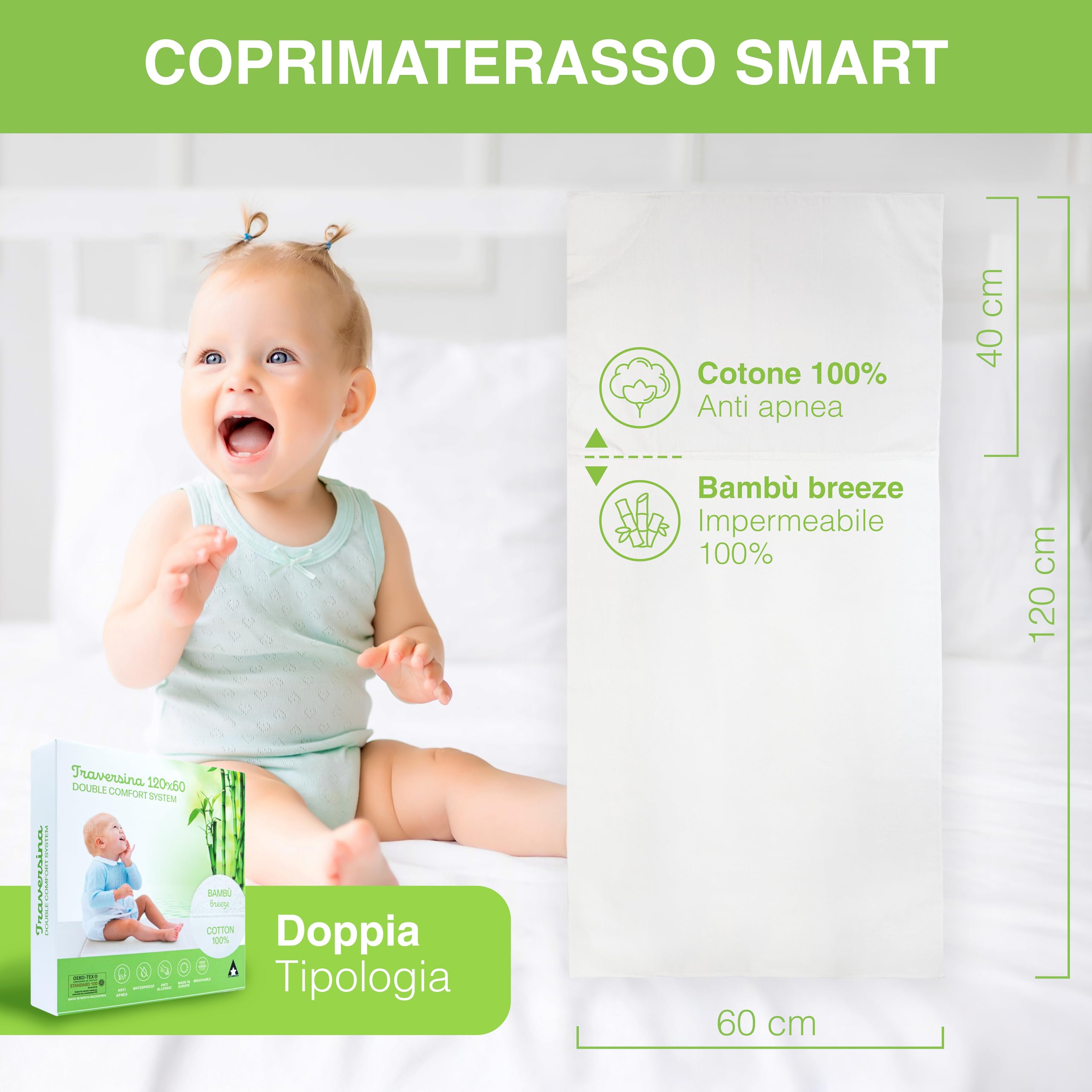 Traversina Neonato Coprimaterasso Impermeabile Bamboo Morbido Cotone Traspirante Anti Soffoco 60x120 cm Oeko-Tex