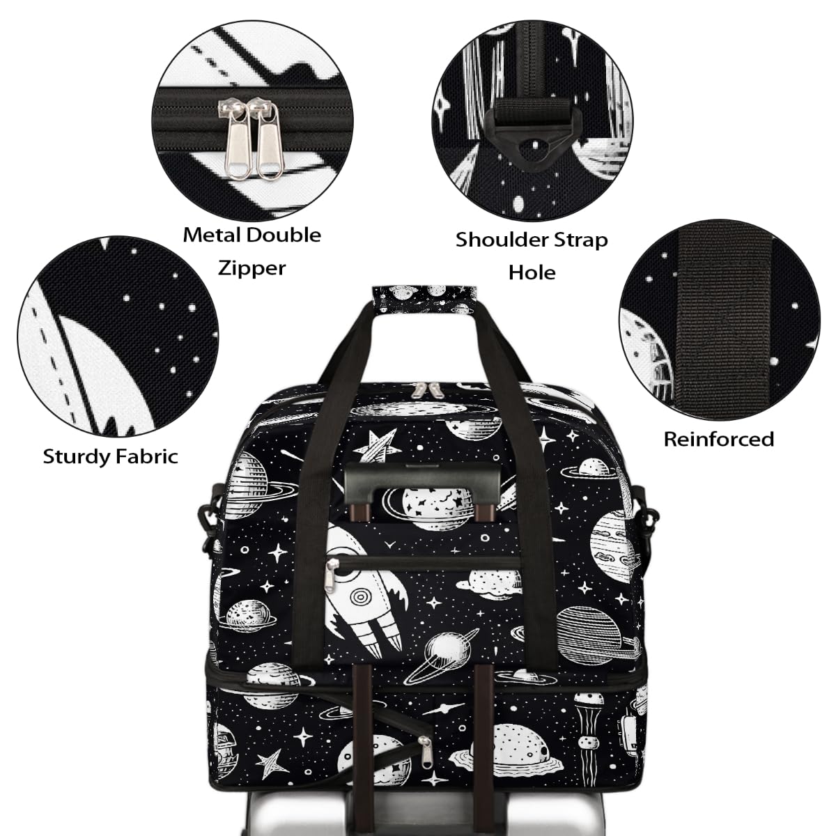 Borsa da viaggio pieghevole astratta con pianeta spaziale, borsa da palestra espandibile con scomparto per scarpe, borsa da fine settimana di grande capacità, borsa da viaggio per viaggi, sport