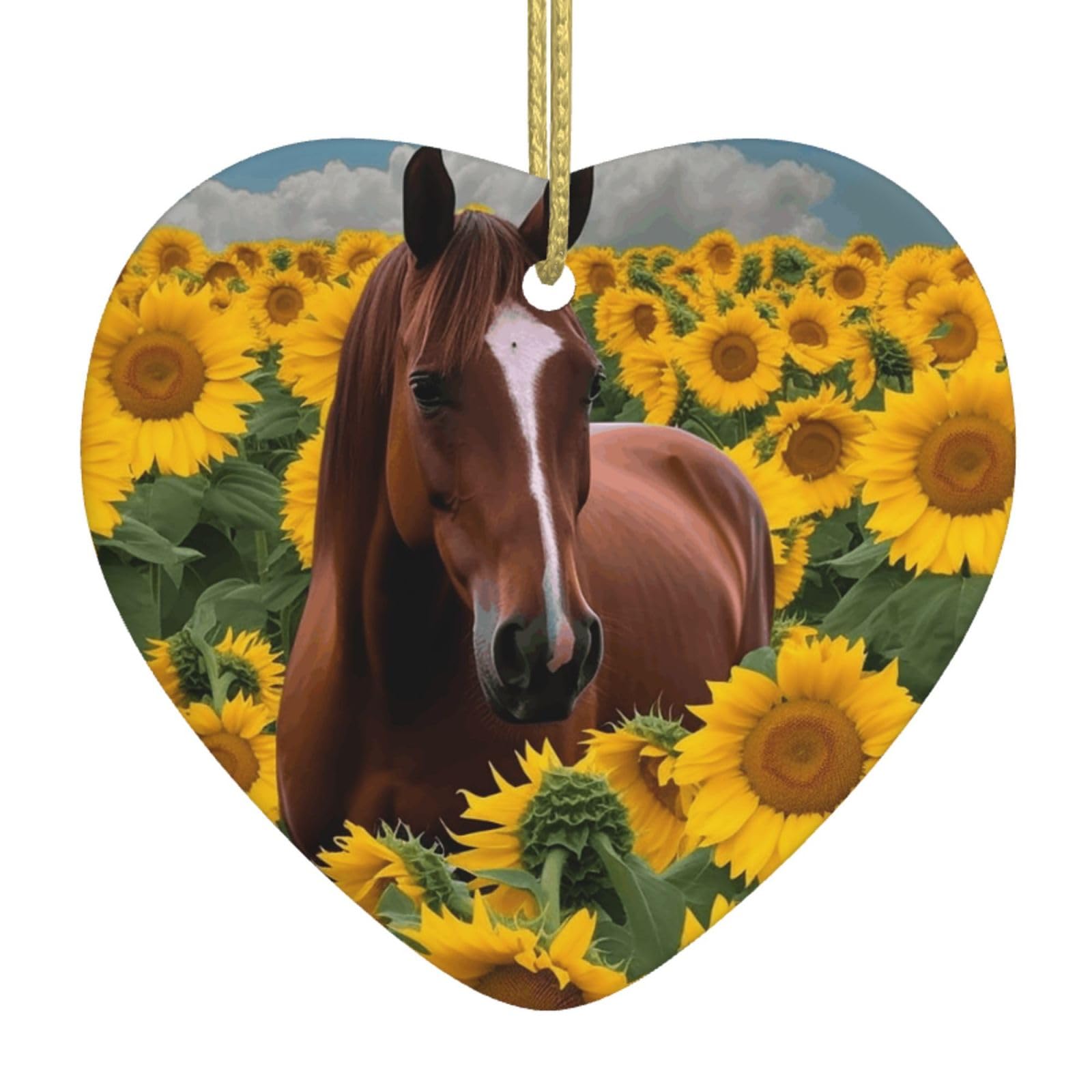 Horse and Sunflower Christmas Ornament 2025 Heart Ceramic Hanging Ornaments for Home Decor Christmas Decorations with Gold Rope Double-Sided Xmas Tree Ceramic Hanging for Holiday Party