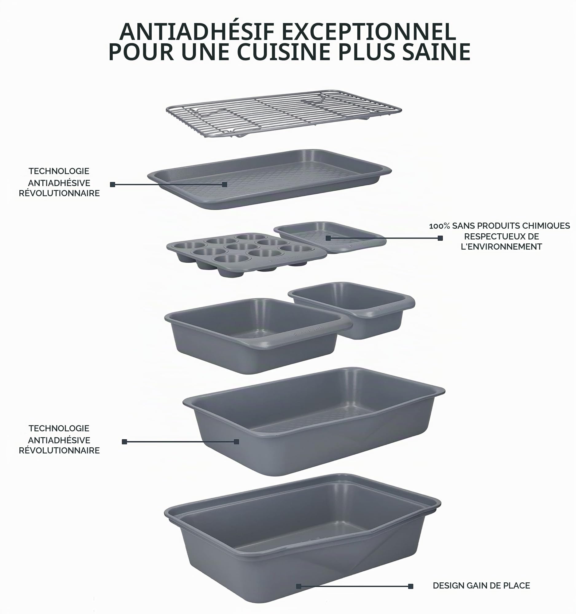 Master Class MCCERBAKE5PC MasterClass Smart Ceramic-Set de Plats de Cuisson Empilables en Acier au Carbone avec Revêtement en Céramique, Gris, 5 Pièces