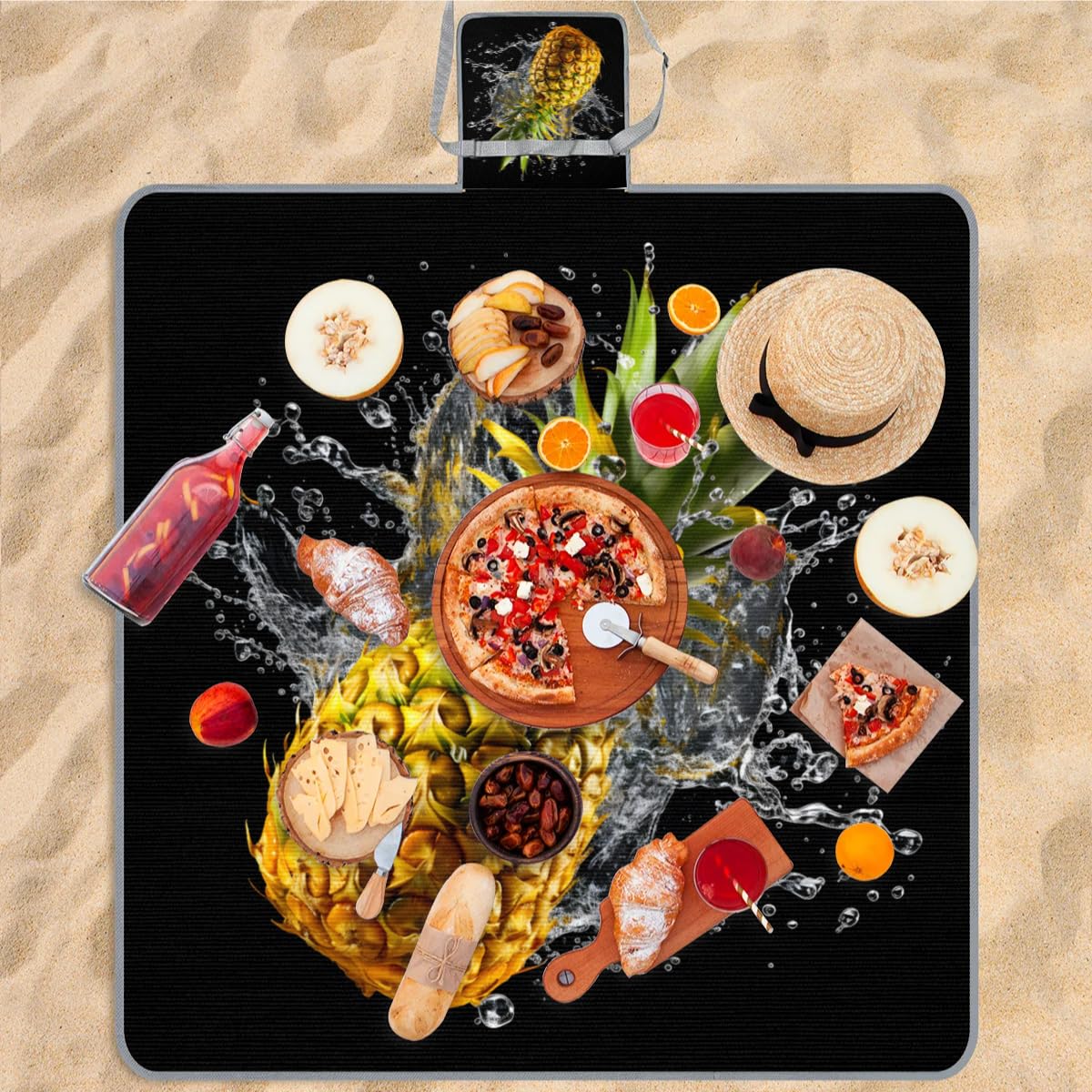 Manta de picnic de 150 x 145 cm, manta plegable de piña 3D para exteriores, impermeable, para playa, camping, senderismo, picnic
