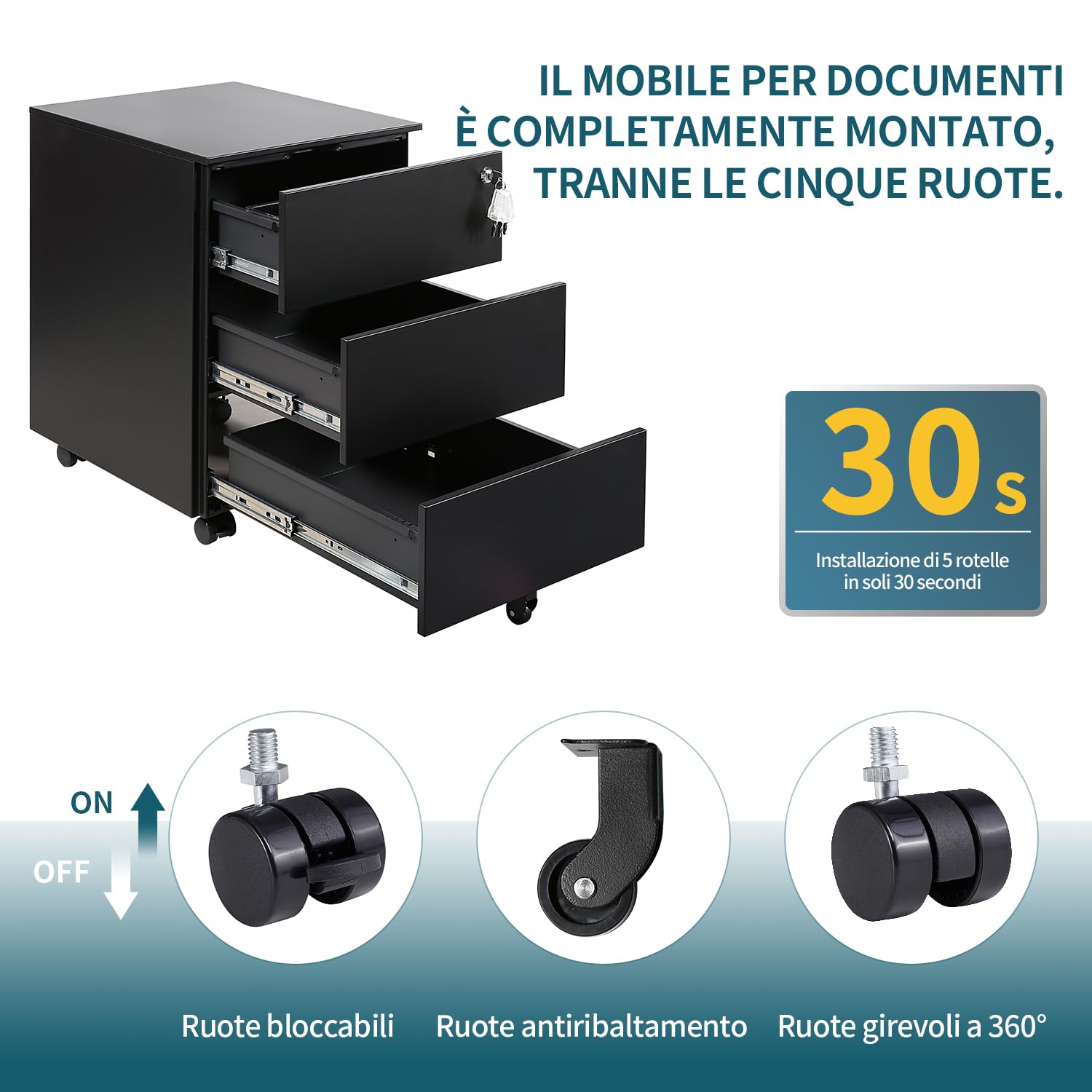 Cassettiera da Ufficio con 3 Cassetti, Scrivania con Ruote, Armadietti in Metallo, Completamente Assemblato, Nero, Ufficio, Studio