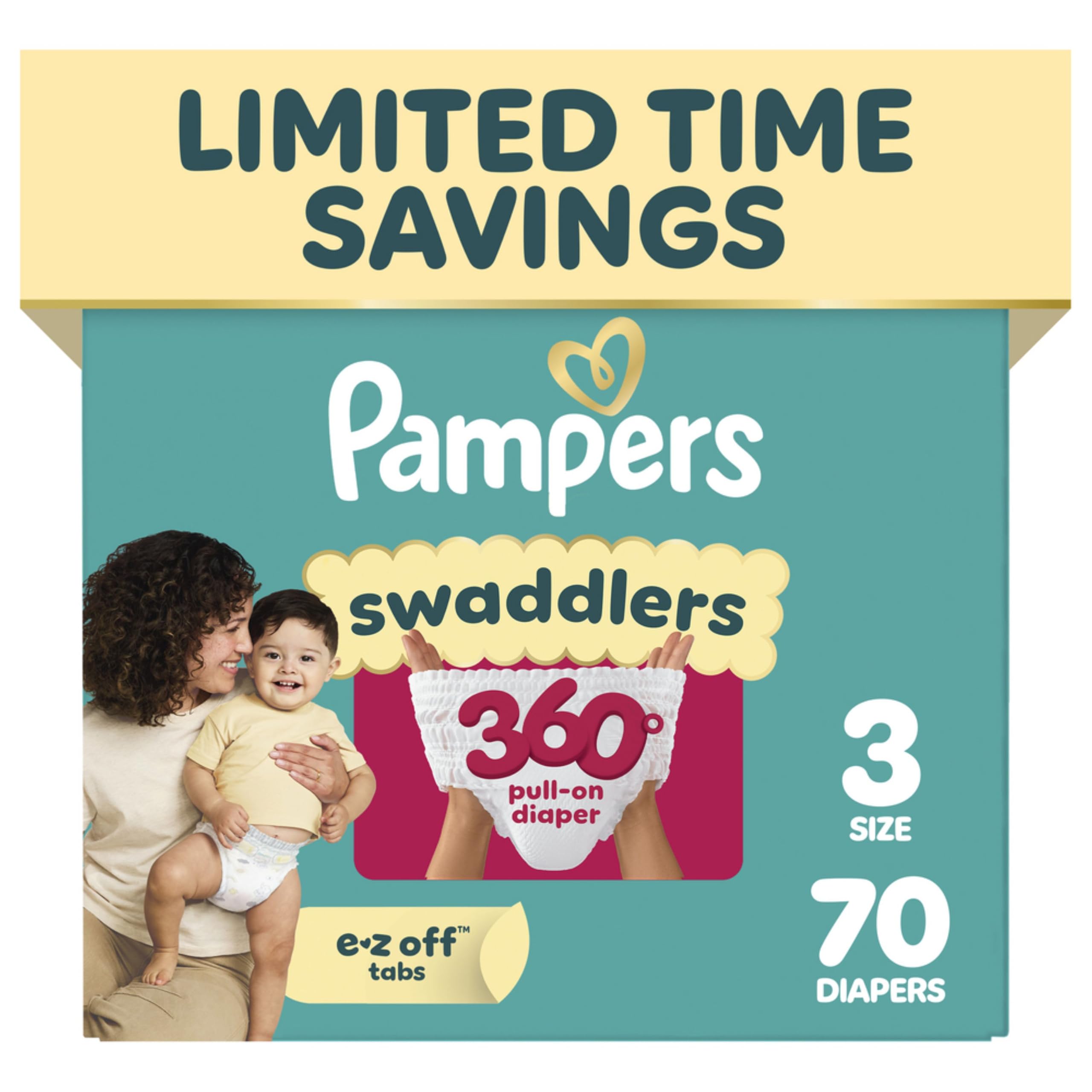 Pampers Diapers - Swaddlers 360° - Size 3, 70 Count, up to 100% Leakproof Comfy Dry Fit, Designed for Easy Changes, Pull On Baby Diaper