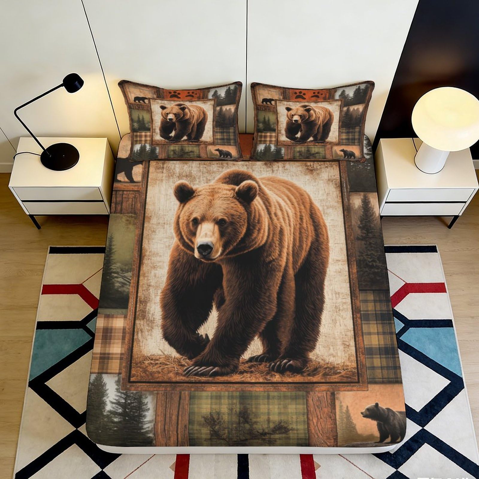 3D Printed Brown Bear Forest Fitted Sheet Microfiber Plaid Bed Cover for Bedroom Decor Dorm Mattress Protection 120x200cm 90x200x25cm