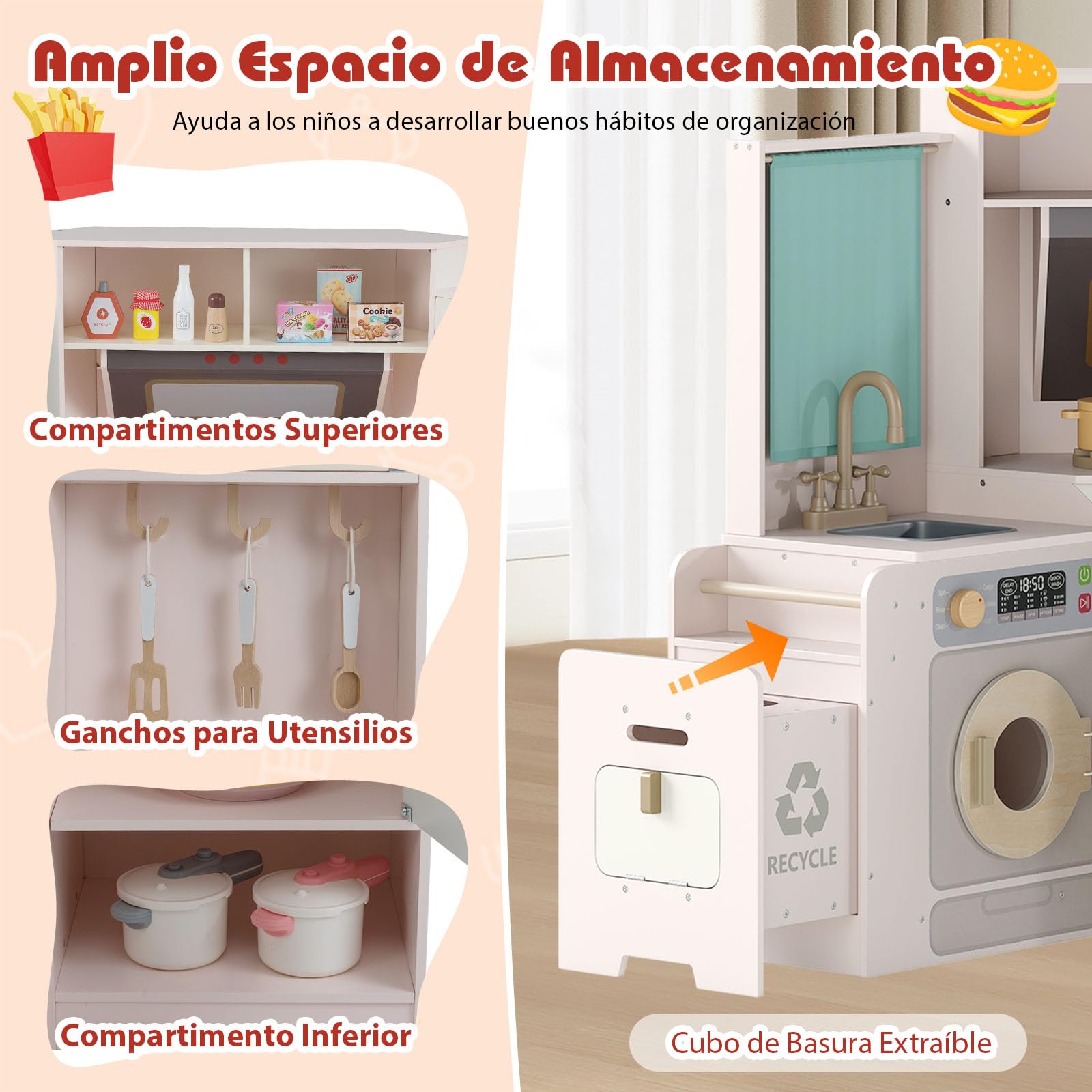 GOPLUS Cocina de Juguete de Esquina, Cocinita Infantil de Madera con Cubo de Basura Extraíble, Fregadero, Fogones, Microondas, Horno, Lavadora, Luces y Sonidos para Niños de 3+ Años (Rosa)
