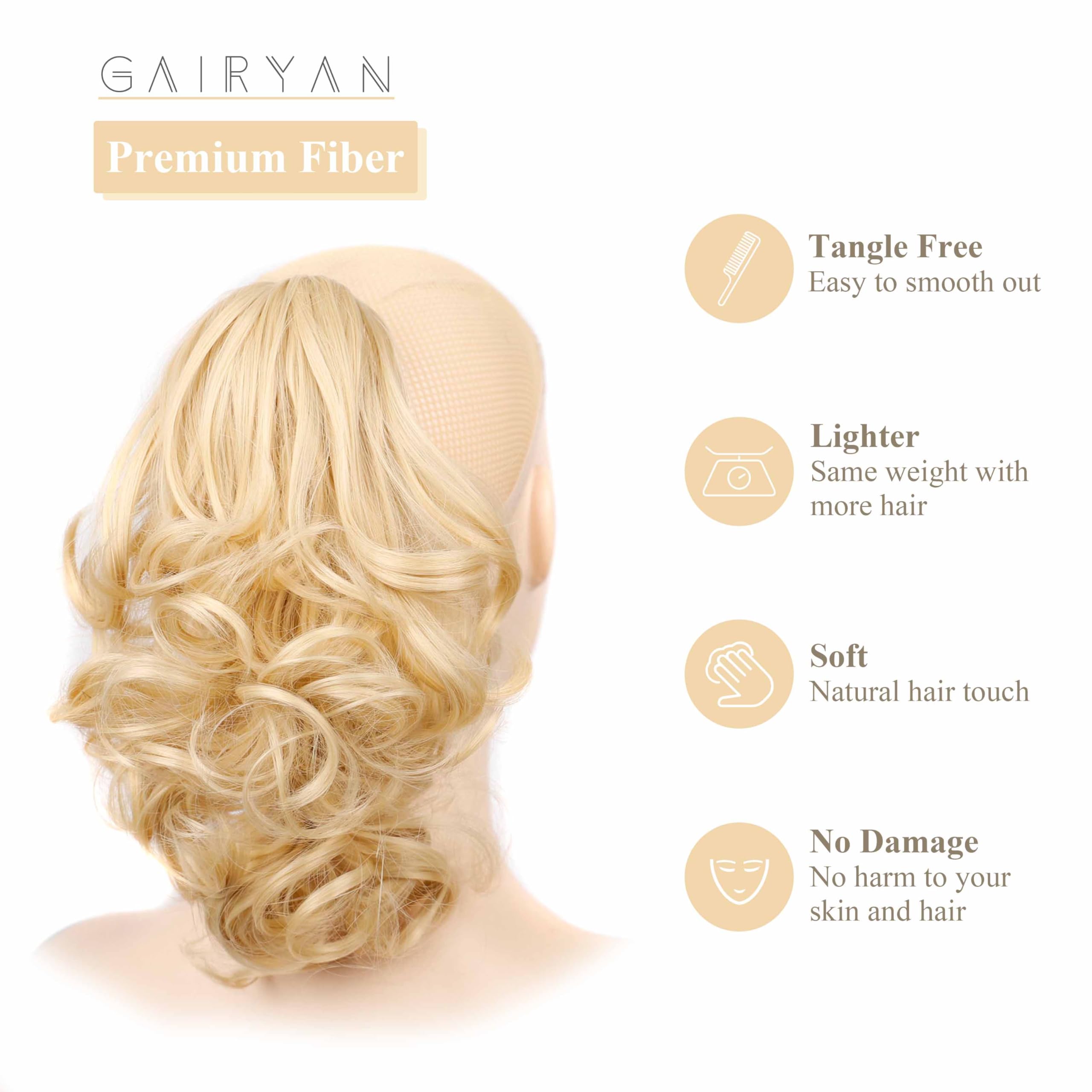 Gairyan 10" Clip in Ponytail Hair Extensions Curly Ponytail Extension Claw on Pony tails Wavy Synthetic Hairpieces for Women Real Natural Short Wave, Light Blonde mix Bleach Blonde - Image 3
