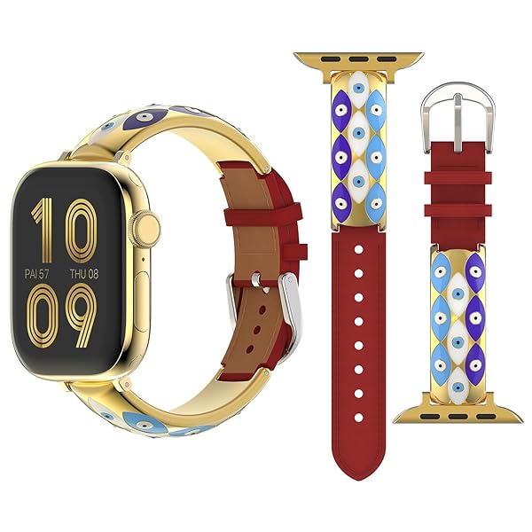 Metal Leather Spliced Band - Adjustable Tang Buckle Evil Eye Band Compatible with Apple Watch 38mm 40mm 41mm 42mm(Series 10/11) iWatch Wrist Straps for Series 11 SE 3 4 5 6 7 8 9 10