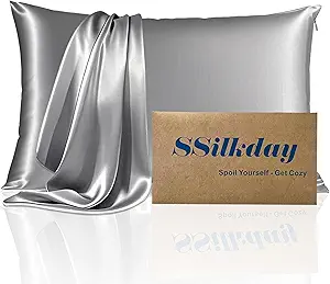 Mulberry Silk Pillow Cases with Zipper, Ultra Smooth Breathable Cooling Pillow Cases for Hot Sleepers, Silk Satin Pillowcase for Hair and Skin, Gifts for Women (Silver Grey, Standard Size, 1 Pack)