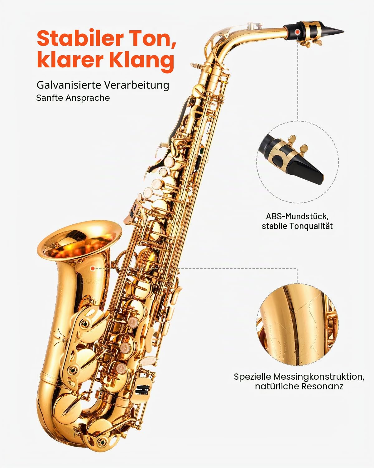 VEVOR Altsaxophon, E-Dur, Messingsaxophon-Anfängerset mit Tragetasche, Mundstück, Gurten, Reinigungstuch, Handschuhen, Fett, Umhängeband, 23 Tasten Altsaxophon-Set, für Anfänger & Schüler, Gold