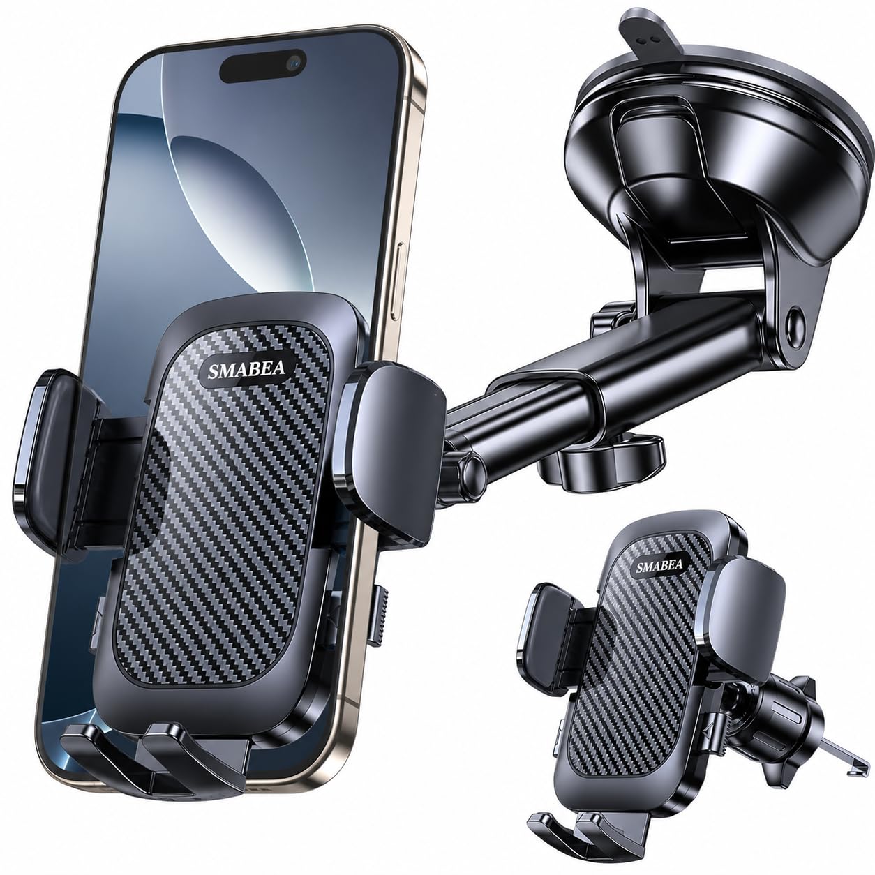 Supporto per telefono da auto con ventosa e clip per bocchetta di ventilazione, per cruscotto, parabrezza e bocchetta dell'aria, braccio regolabile, rotazione a 360 gradi, rilascio One Touch