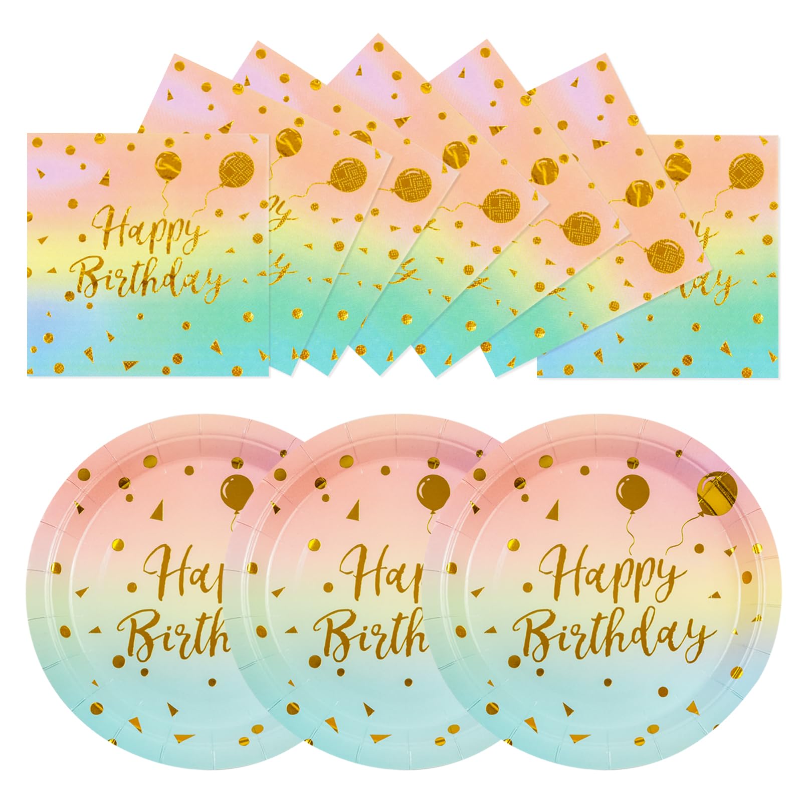 HiEnjoin 50PCS Happy Birthday Plates and Napkins Party Supplies, Colorful and Gold Disposable Paper Plates and Napkins Tableware Set for Birthday Party Decorations 25 Guests