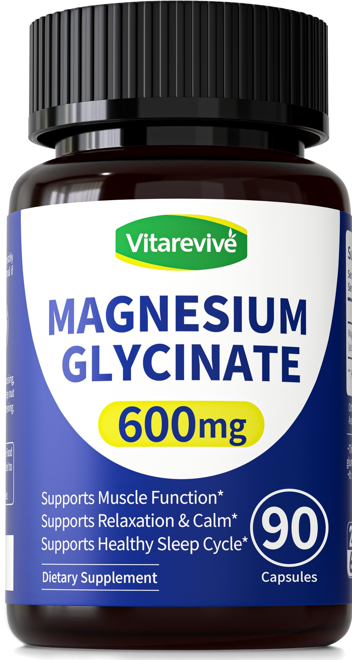 Pure Magnesium Glycinate 600mg - Magnesium Bisglycinate Supplement, High Absorption Magnesium Supplement for Sleep Support & Muscle Function, Non GMO, 90 Count 90 Count (Pack of 1)