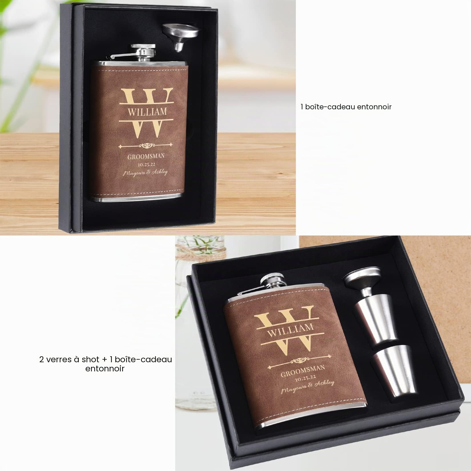 5 Pièces Flasques a Alcool Personnalisés, Flasques Whisky en Inox 304 8oz/227ml Personnalisables pour EVG, Flasque de Mariage Personnalisés pour les Garçons D'Honneur et les Témoins (Marron)