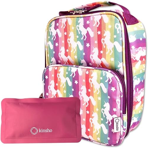kinsho Unicorn Lunch Box for Girls with Ice Pack, Cute Large Insulated Bag, Big Kid Container for School Snacks Lunches, Fits Bento Boxes, Lunch-Box for Toddler Daycare, Rainbow Unicornio Pink Purple