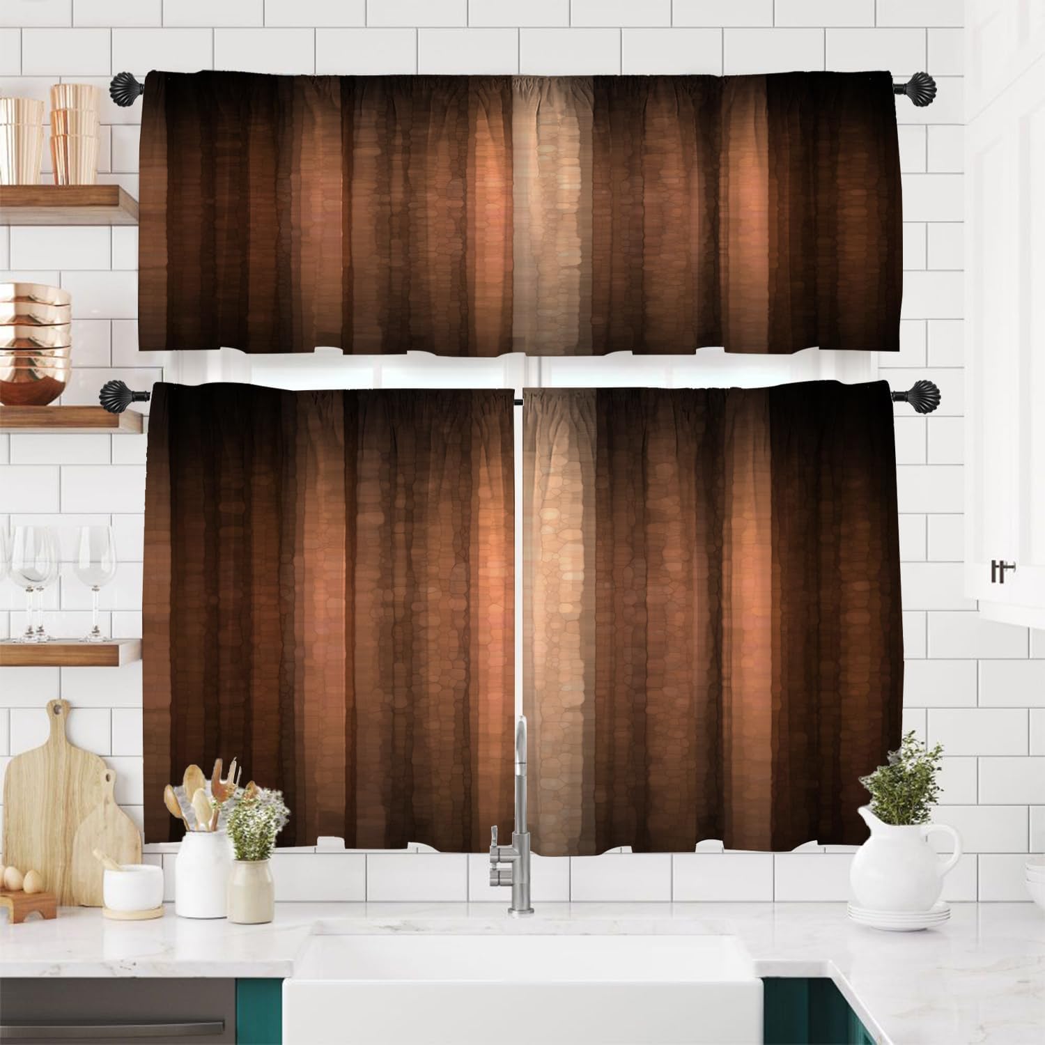 3 Piece Set Kitchen Window Curtains Valance and Tier Set 36 Inch, Blue Vintage Sea Turtle Design Rod Pocket Short Curtains for Window Treatment Tiers for Living Room Bedroom