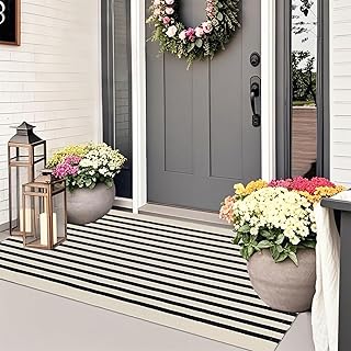 Black and Beige Striped Outdoor Rug 27.5'' x 43'' Front Door Rug,Washabl...