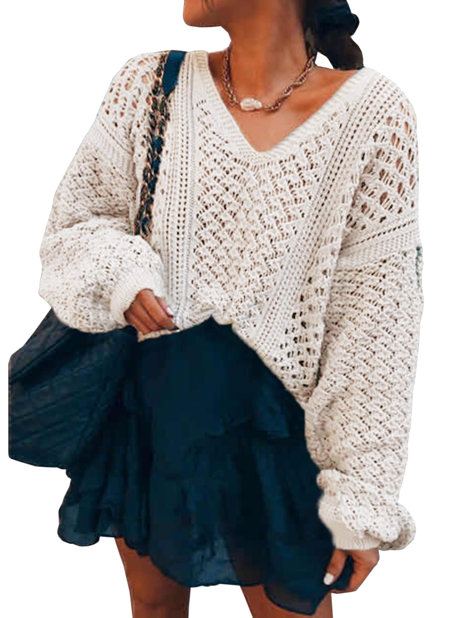 Women's Sweaters Casual Oversized V Neck Off Shoulder Sexy Crochet Sweater Batwing Sleeve Pullover Loose Tops