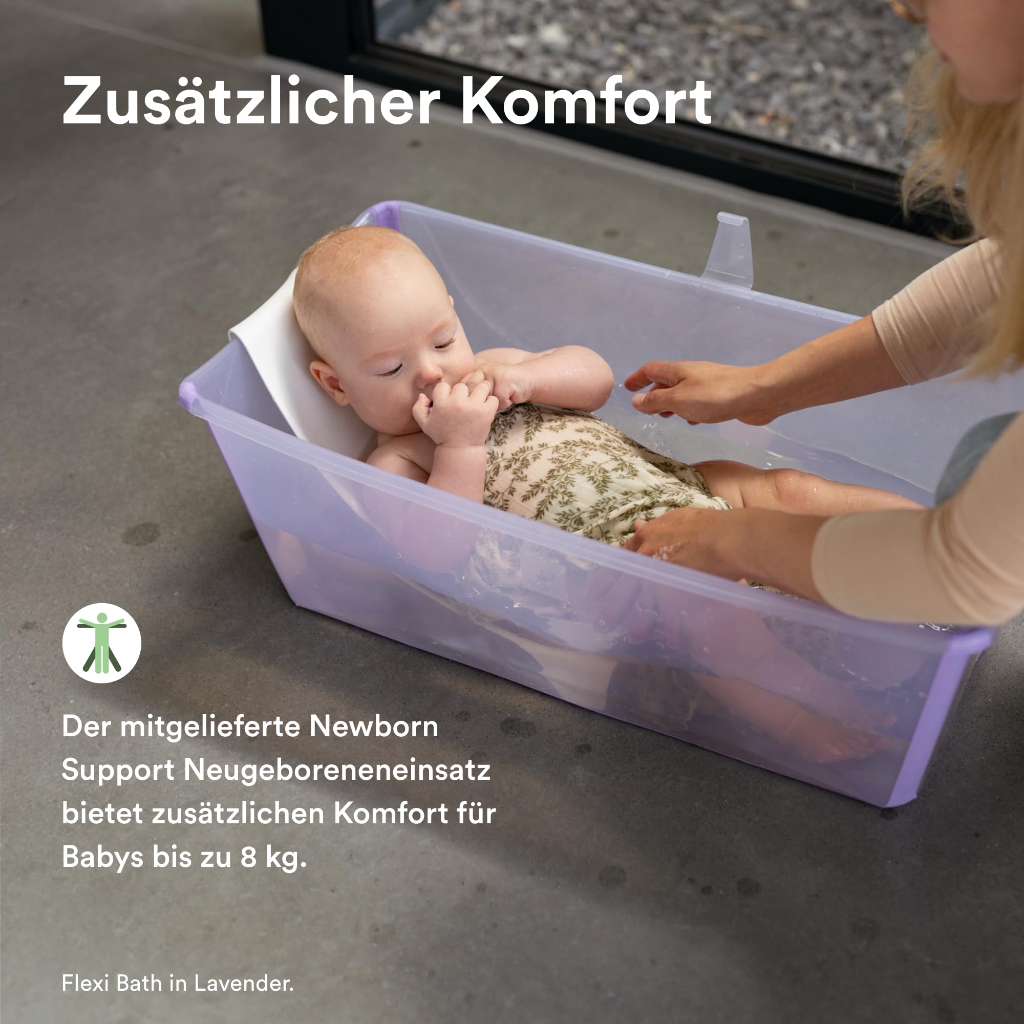Stokke Flexi Bath (Sandy Beige) + Newborn Support + Flexi Bath Stand - Ideal für Neugeborene & Kinder bis 48 Monate - Faltbare, Robust & einfach zu verstauen