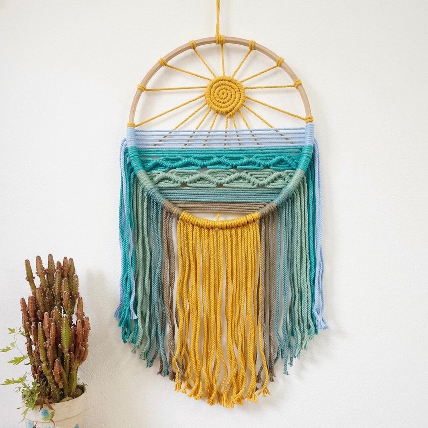 Zazza Home Decor - Cotton Macrame Dream Catcher Type Woven Sunrise Wall Hanging Handmade Dreamcatcher Boho Tassels Decoration Home Decor Ornament Craft Gift. (Mustard - B)-picture-22