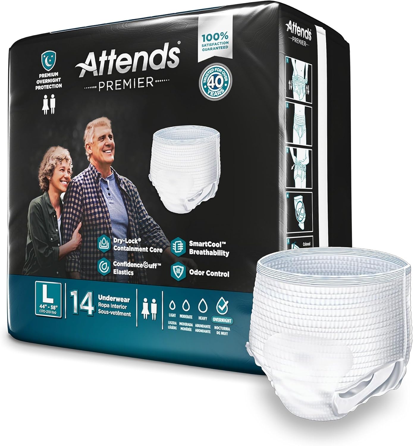 Attends Premier Adult Incontinence SmartCool® Underwear, Large (44-58"), [56 Count] - Overnight Absorbency for Men and Women, Disposable Pull-On Diapers with Tear-Away Sides, ALI-UW30