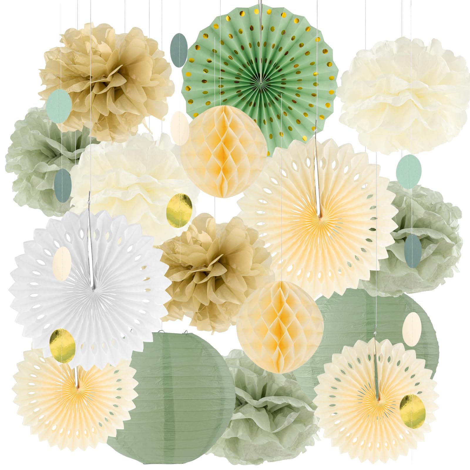 KKUOYT 17pcs Sage Green Party Decorations, Light Beige Sage Green Tissue Pom Poms Paper for Women Girls Birthday, Baby Showers, Weddings, Bridal Shower Decorations