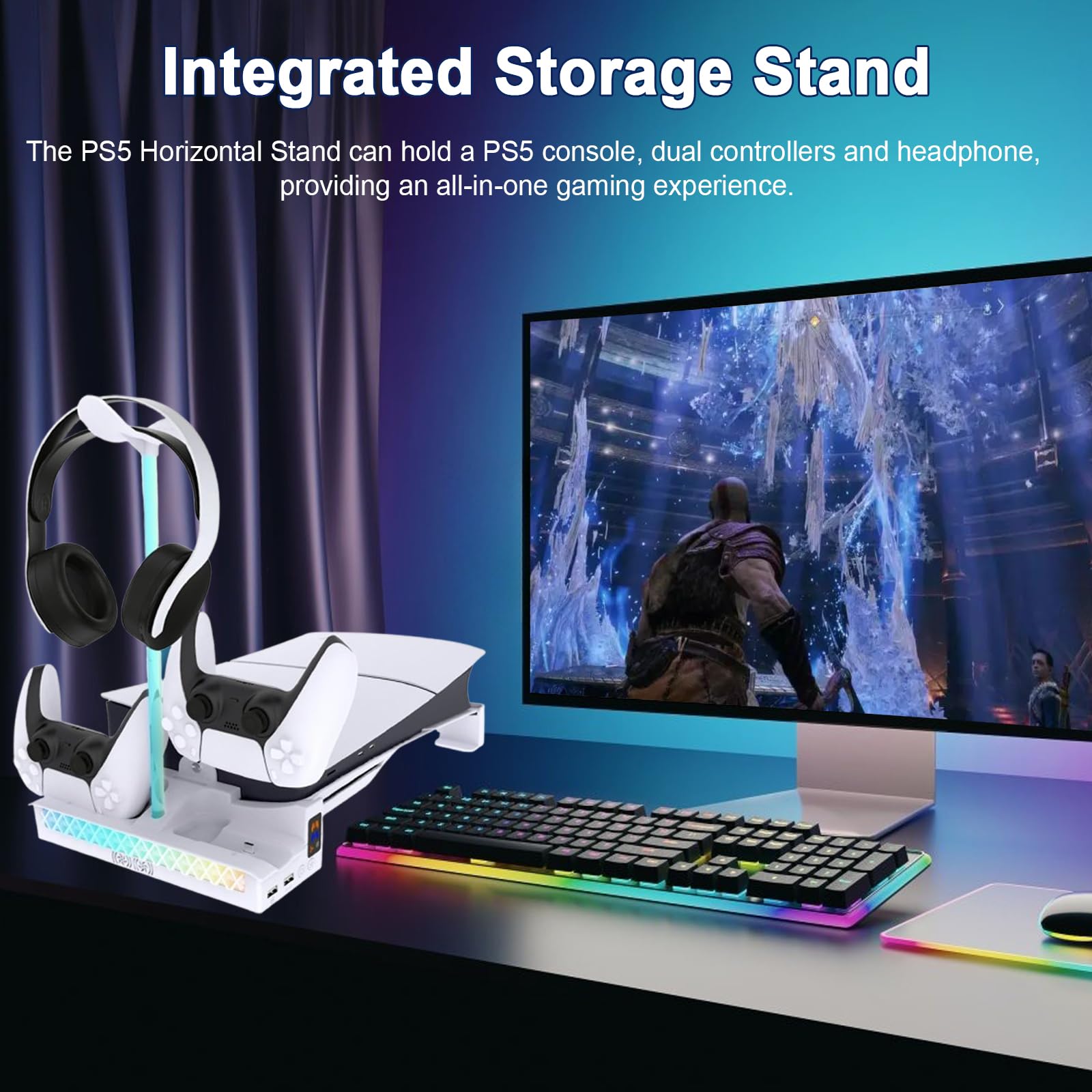 PS5 Pro/PS5 Slim poziomy stojak, uchwyt chłodzący ze światłami RGB i automatyczną stacją chłodzącą, podwójna ładowarka kontrolera i zdejmowany uchwyt zestawu słuchawkowego do Playstation5