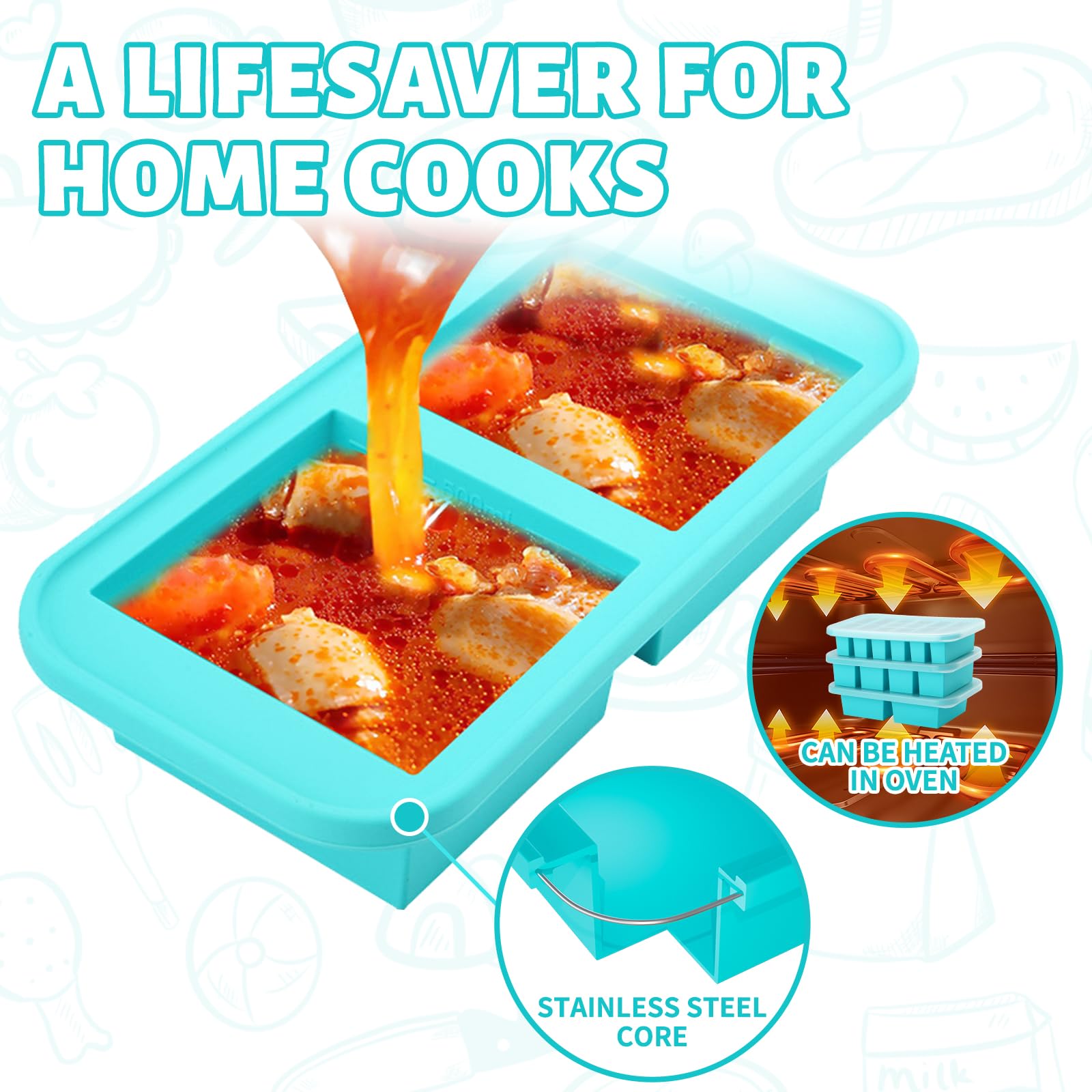 SHIKORI Bandeja de silicona para congelador con tapa, moldes de silicona para congelador, bandeja grande para cubitos de hielo, recipiente de silicona para congelar, congelar y almacenar sopa, salsa,