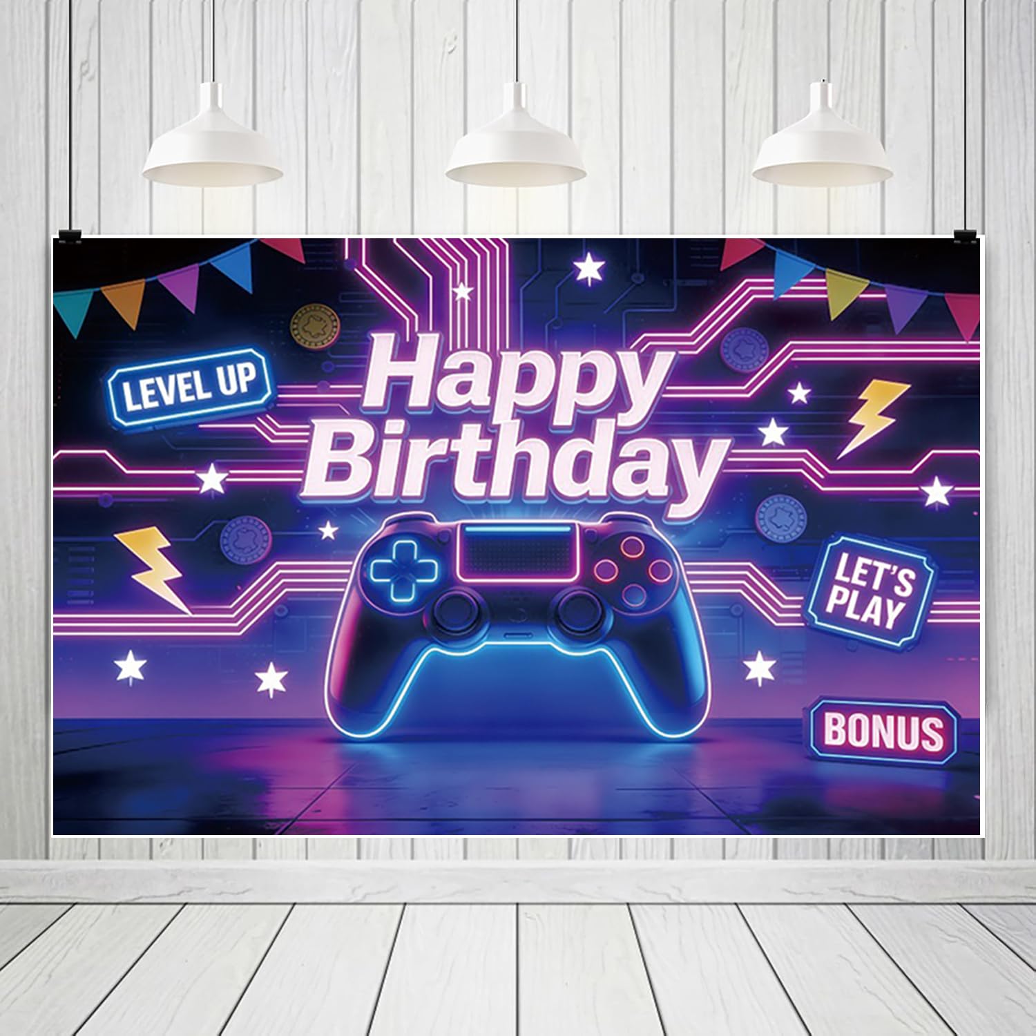 4,5x3m Sfondo Compleanno Gaming "Level Up" Controller Neon Accenti Arte Pixel "Buon Compleanno" Tema Gamer Festa Cyberpunk Accessori Studio