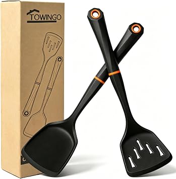 2 Pcs Silicone Kitchen Spatula, Non Stick Silicone Turner Spatulas Set for Cooking, Heat Resistant Cooking Utensils for Fish Eggs Pancakes, Black