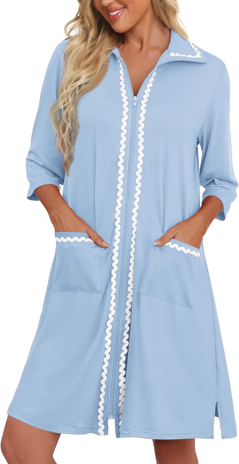 Ekouaer Women Zipper Robe Lightweight House Coat Zipper Front Short Bathrobes Soft Nightgown with Pockets S-3XL