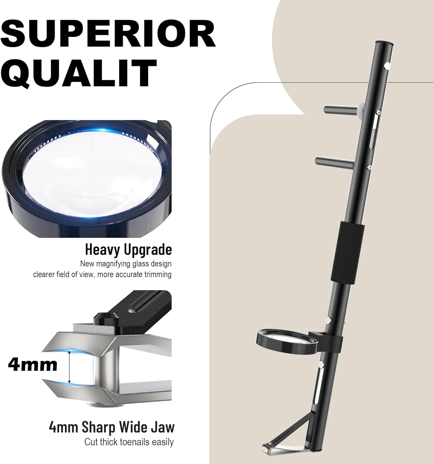 Long Handle Toenail Clippers with Built in Magnifier, Wide Jaw for Thick Nails, Easy Pedicure Tool for Seniors and Arthritis,Dark Black (20.20In)