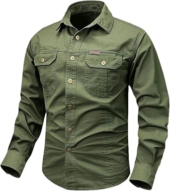Mens Long Sleeve Cargo Shirt Casual 2 Pockets Spring and Autumn Cotton Military Shirts