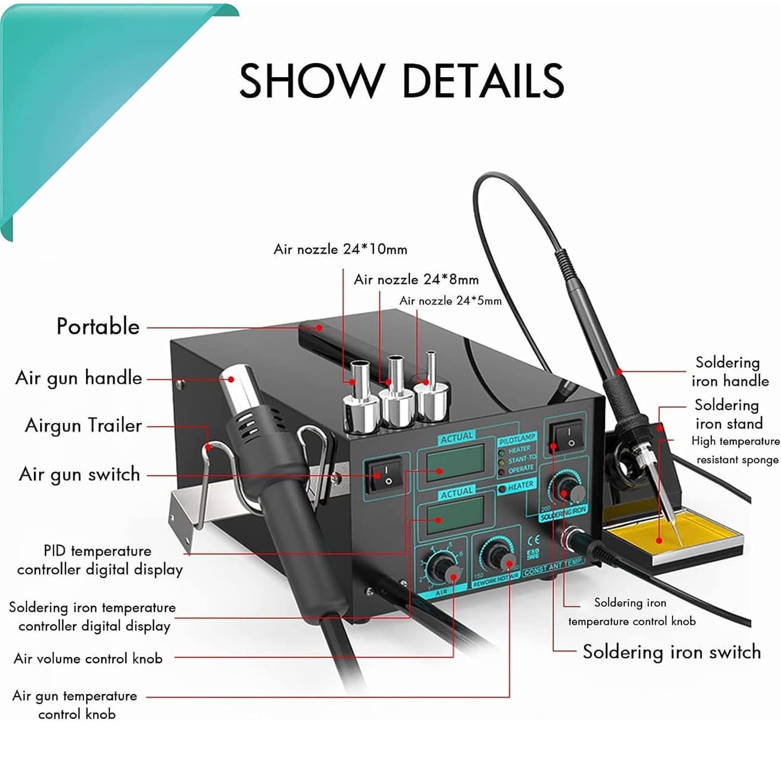 Kit stazione di saldatura con display digitale, temperatura regolabile, strumento di rilavorazione ad aria calda per lavori elettronici fai da te, ideale per saldatura e riparazione di precisione