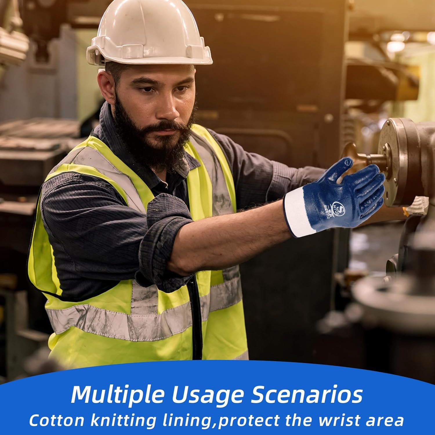 12 Pair Nitrile Heavyweight Fully Coated Work Gloves, Oil Resistant Gloves, Oil Gloves for Men, Safe Wide Cuffs for Petrochemical Transport Workers' Glove Blue Chemical Resistant Glove