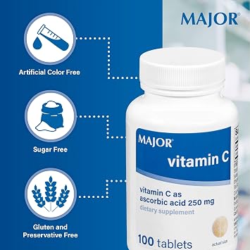 MAJOR Vitamin C 250 Mg - Dietary Supplement - 100 Tablets (1 Pack)