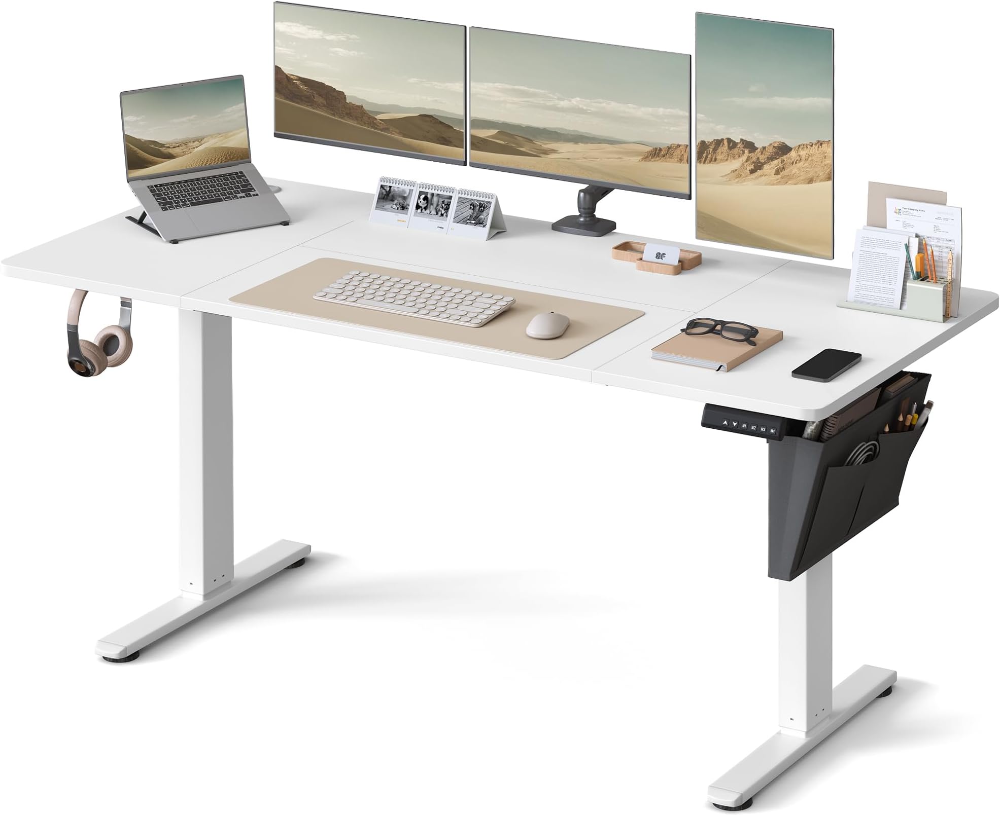 VASAGLE Electric Standing Desk, Height Adjustable Desk, 70 x 160 x (72-120) cm, 4 Memory Heights, Storage Pocket, for Home Office, Study, Cloud White LSD136W02