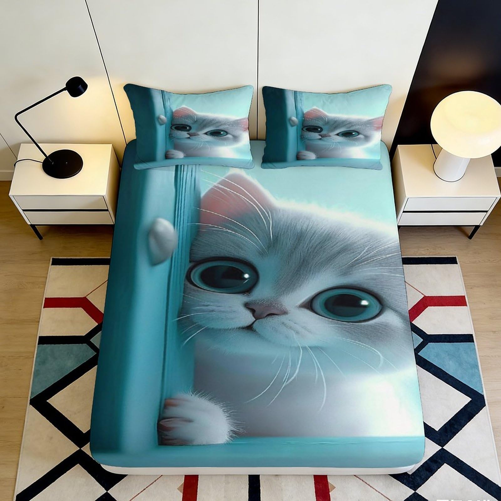 3D Printed Cute Cat Fitted Sheet Microfiber Deep Pocket Elastic Hem Bedroom Bedding Cat Mattress Fitted Cover Washable for Adults Teens 90x200x25cm