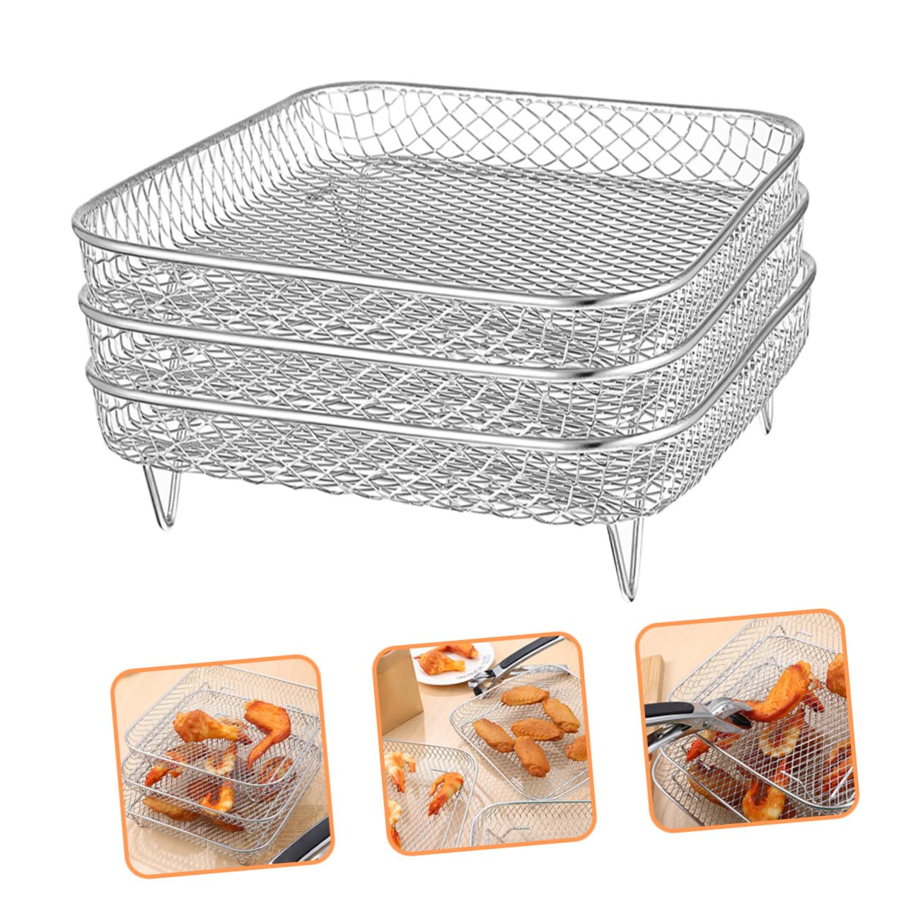 3 Stück Stapelbares Edelstahl Grill und Dörrrost für Heißluftfritteuse Quadratischer Bratrost Langlebiger Airfryer Einsatz für Backofen und Dämpfen