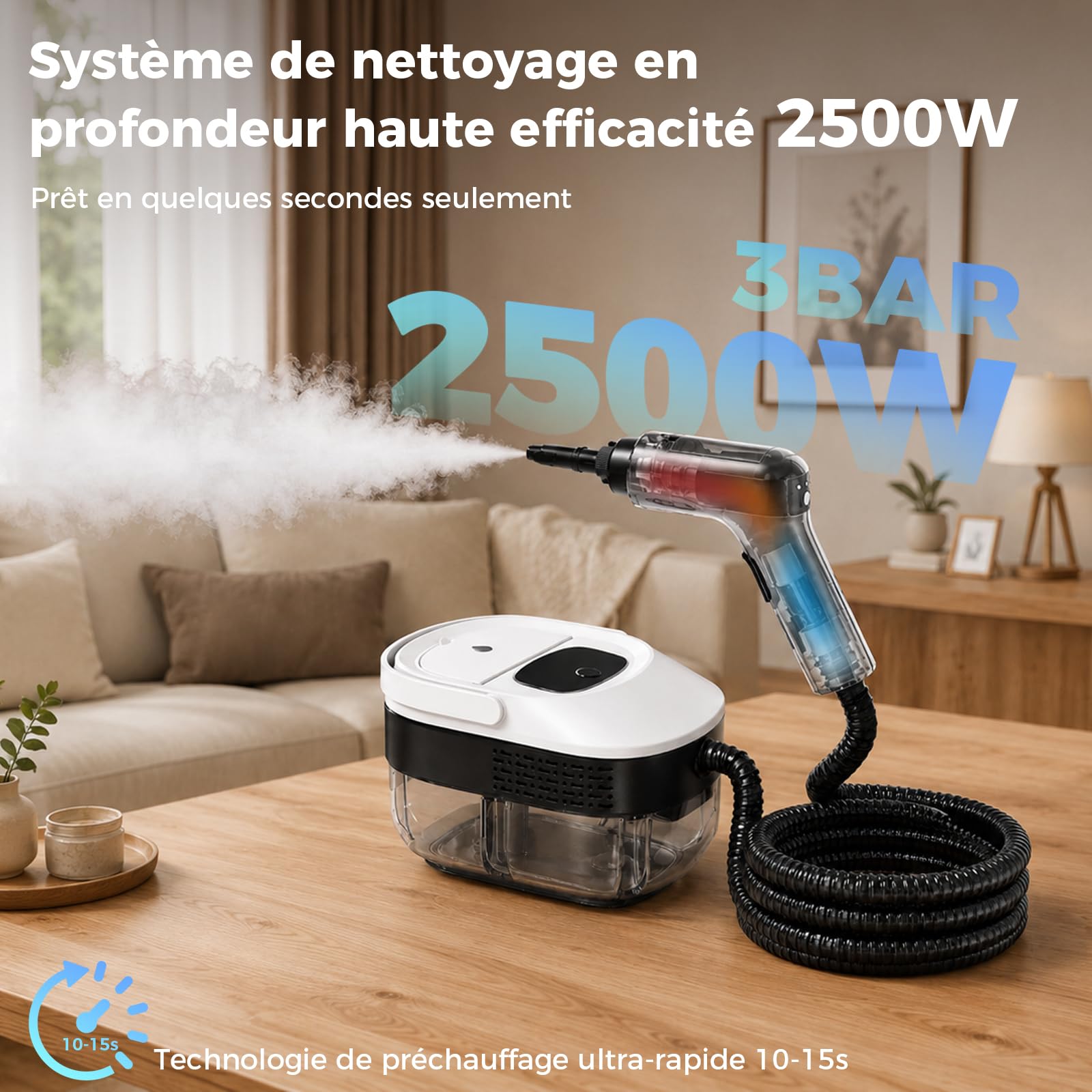 Nettoyeur Vapeur Portable 2500W avec Réservoir 1.6L, Nettoyeur Haute Pression 3 Bars 3 Niveaux Réglables avec 14 Accessoires pour Sol Cuisine Canapé Voiture Vitres