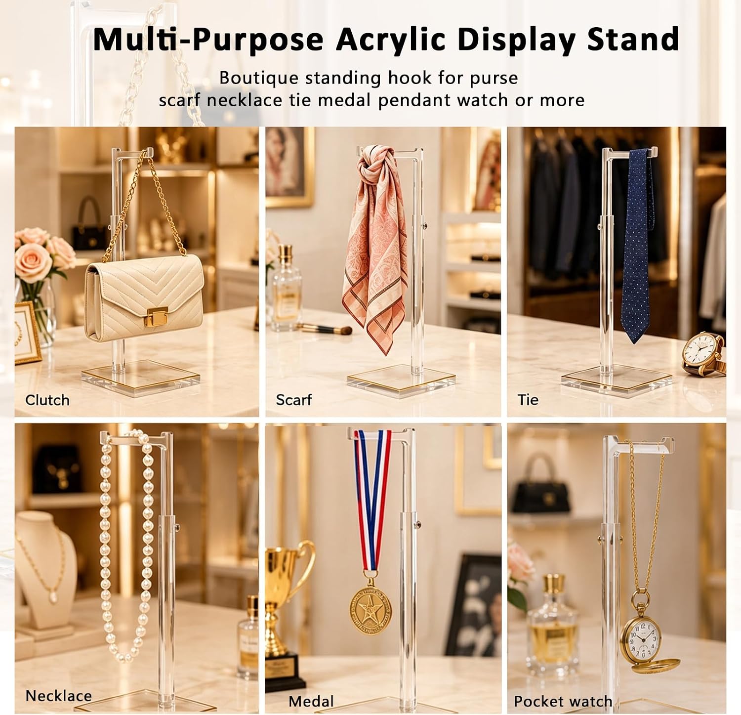 3-Pack Acrylic Purse Display Stands, 14"-24" Adjustable Handbag Holder