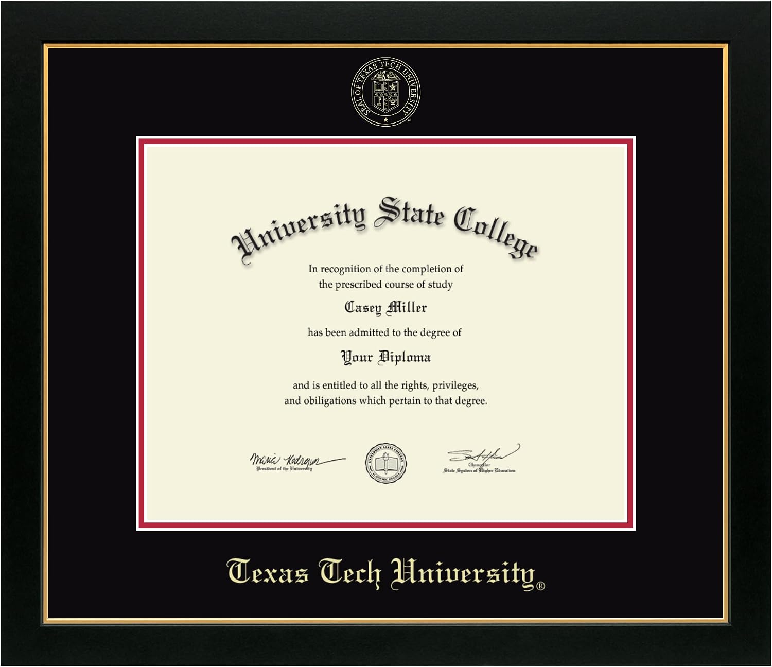 Texas Tech University 14" w x 11" h Diploma Frame - Fits a bachelor's, master's and phd - Gold Embossed Diploma Frame - Black Moulding with Black and Red Matting - Officially Licensed