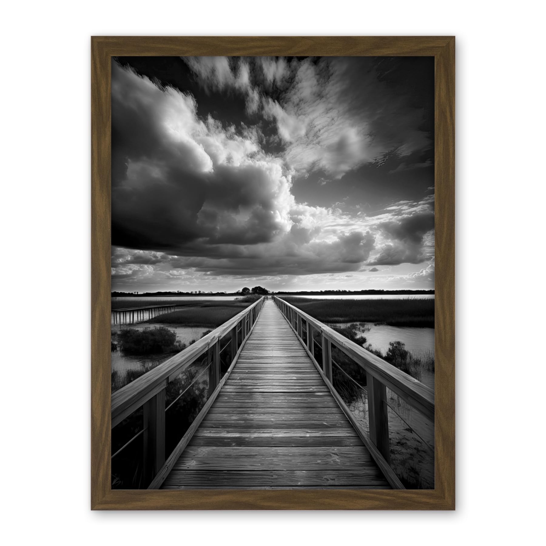 Artery8 Wooden Bridge River Landscape Black and White Artwork Framed Wall Art Print 18X24 Inch