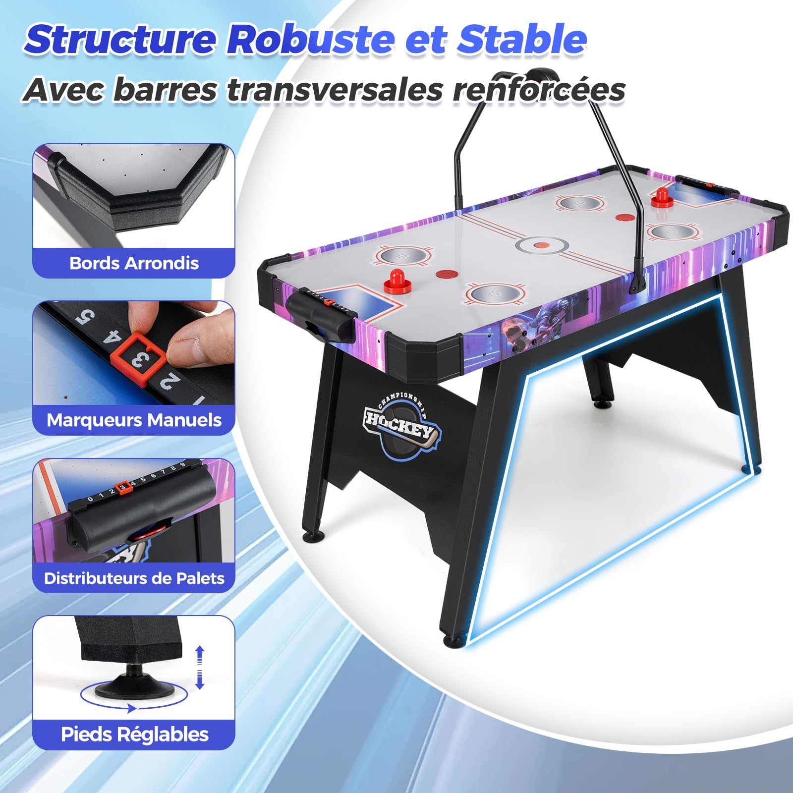 COSTWAY Table de Hockey à Air avec Marqueur Électronique LED & Ventilateur 12V, Table de Jeu Compact de 144cm avec 2 Palets & 2 Poussoirs, Coussinet Réglable, Air Hockey pour Adultes et Enfants