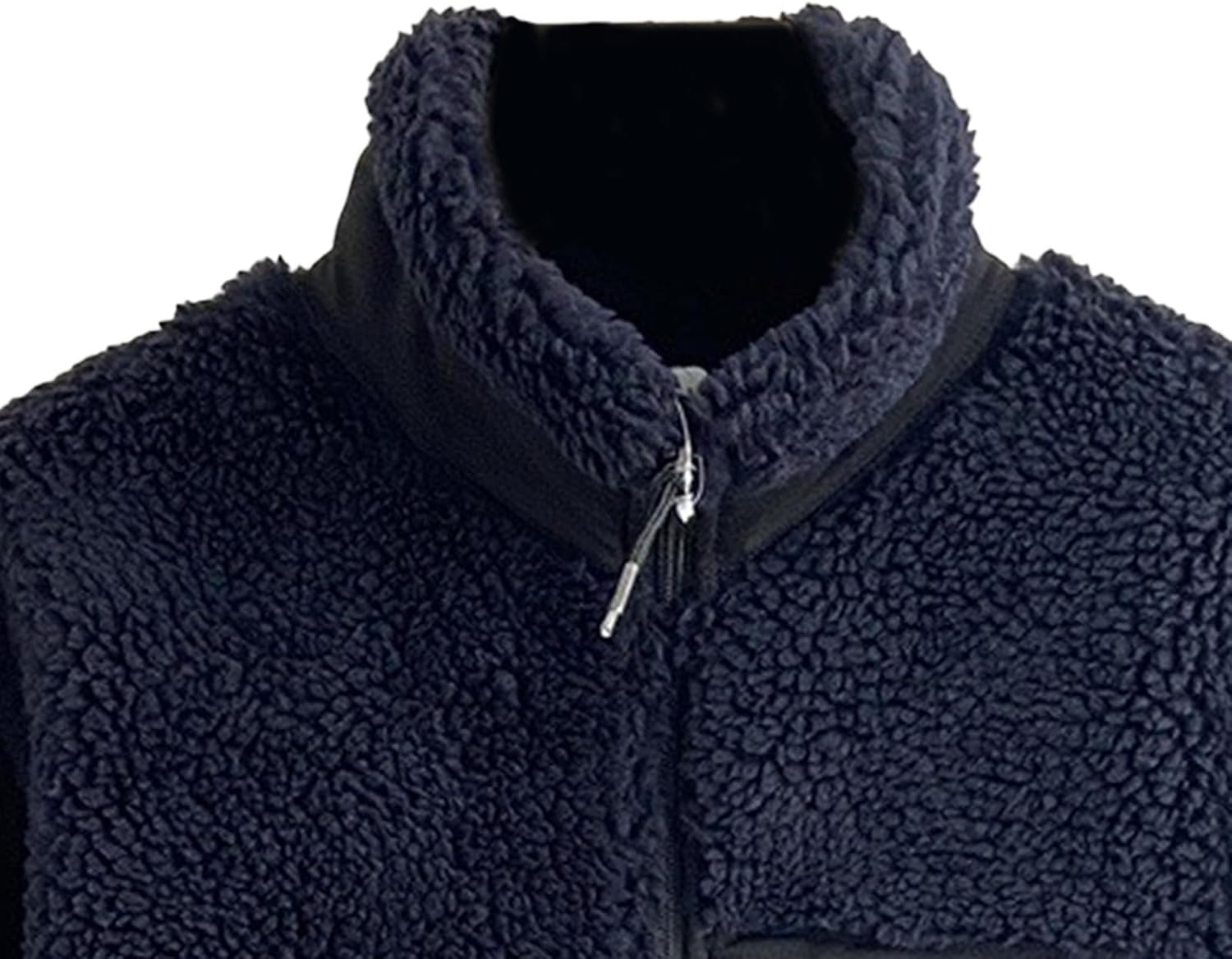 Close-up of a Navy Faux Fleece Stand Collar Coat
