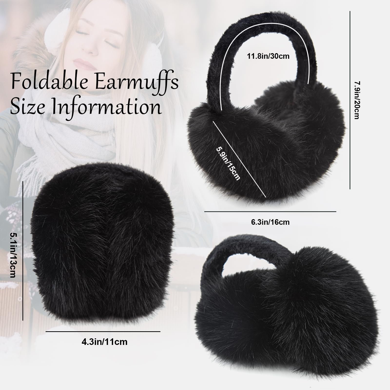 WATAME Earmuffs for Women Girls Faux Fur Fuzzy Headband Foldable Ear Covers Cold Weather Accessory: Black