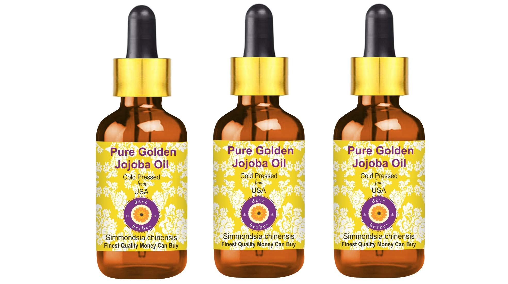 Deve Herbes Olio di jojoba puro dorato (Simmondsia chinensis) con contagocce in vetro pressato a freddo (confezione da tre) 100 ml x 3 (10 oz)