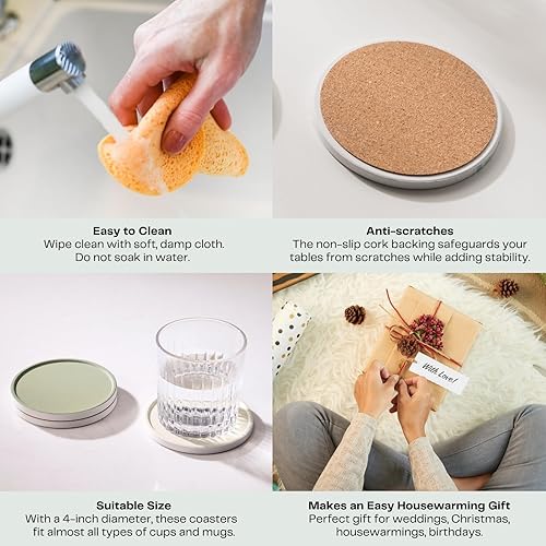 Miniatura 4 de Juego de 6 posavasos beige y verde con soporte, posavasos de cerámica absorbente con respaldo de corcho para protección de mesa, decoración de mesa,