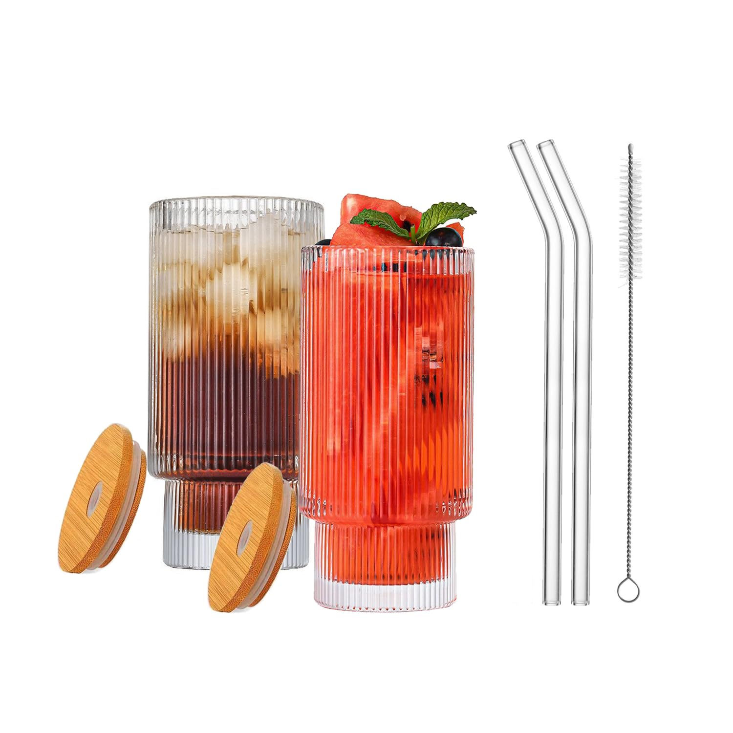 12oz Ribbed Glass Cups, Drinking Glasses with Bamboo Lids and Glass Straw, Beer Glasses, Iced Coffee Glasses, Ideal for Cocktail, Coke, Soda(2 Pack)