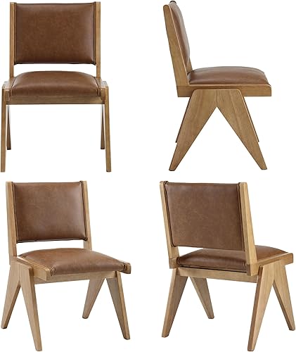 Miniatura 7 de VESCASA Sillas de comedor tapizadas con patas de madera marrón claro, sillas de comedor acolchadas modernas de lino de mediados de siglo con